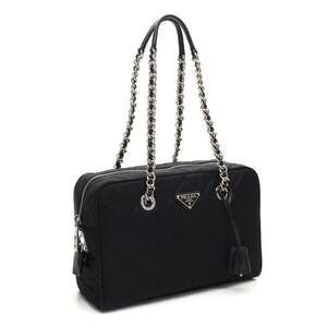 Prada Black Quilted Tessuto Nylon Shoulder Bag Chain Handles Lock and
